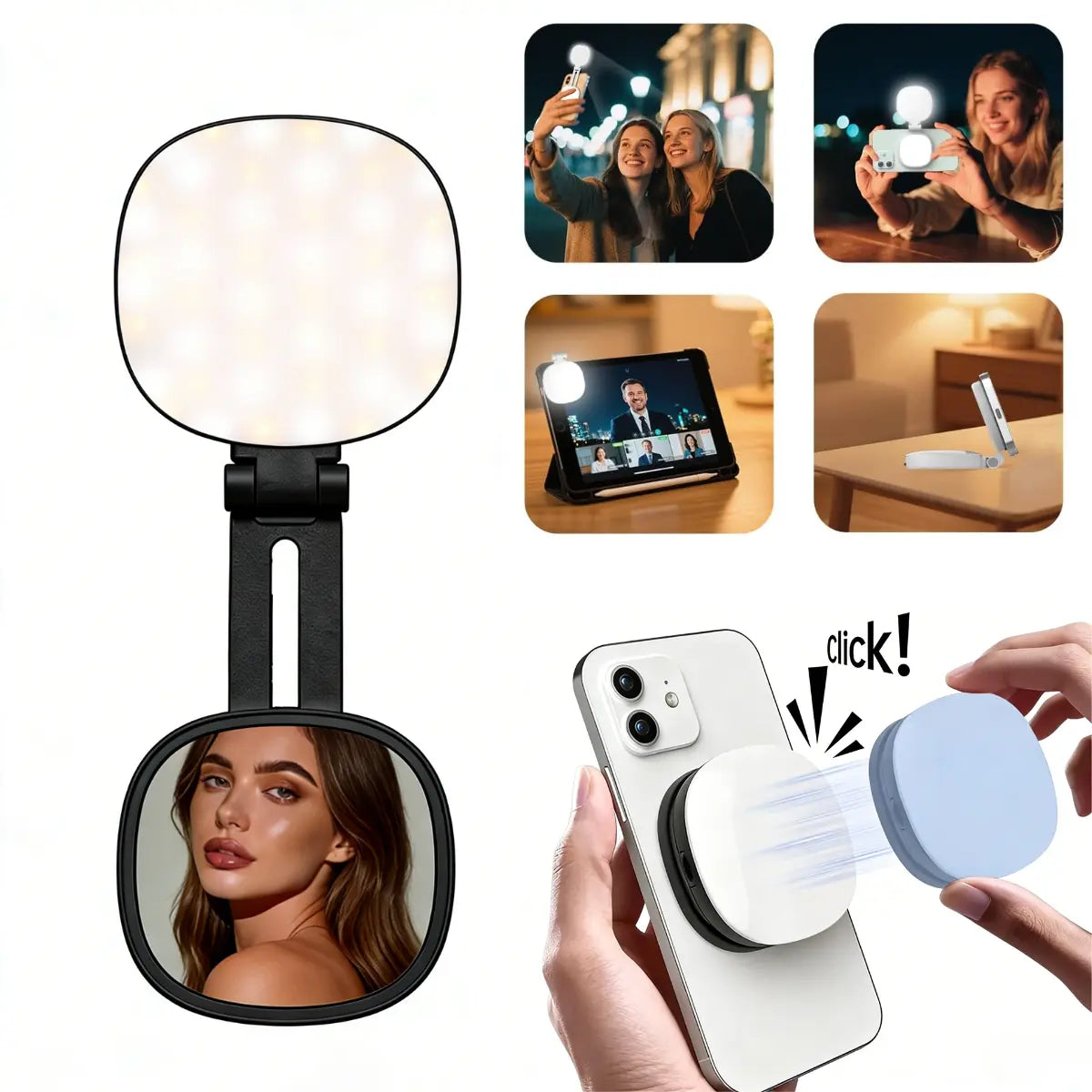 3-In-1 Magnetic Selfie Mirror Light, 360° Adjustable LED Pocket Ring Light, Portable Rechargeable Fill Light with 3Olor (Warm/Natural/Cool) for Makeup, Photo & Video
