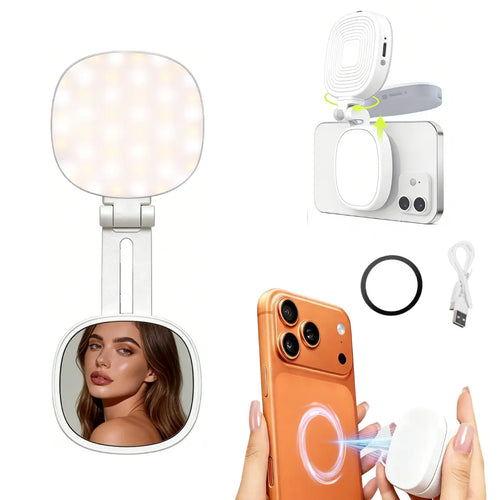 3-In-1 Magnetic Selfie Mirror Light, 360° Adjustable LED Pocket Ring Light, Portable Rechargeable Fill Light with 3Olor (Warm/Natural/Cool) for Makeup, Photo & Video