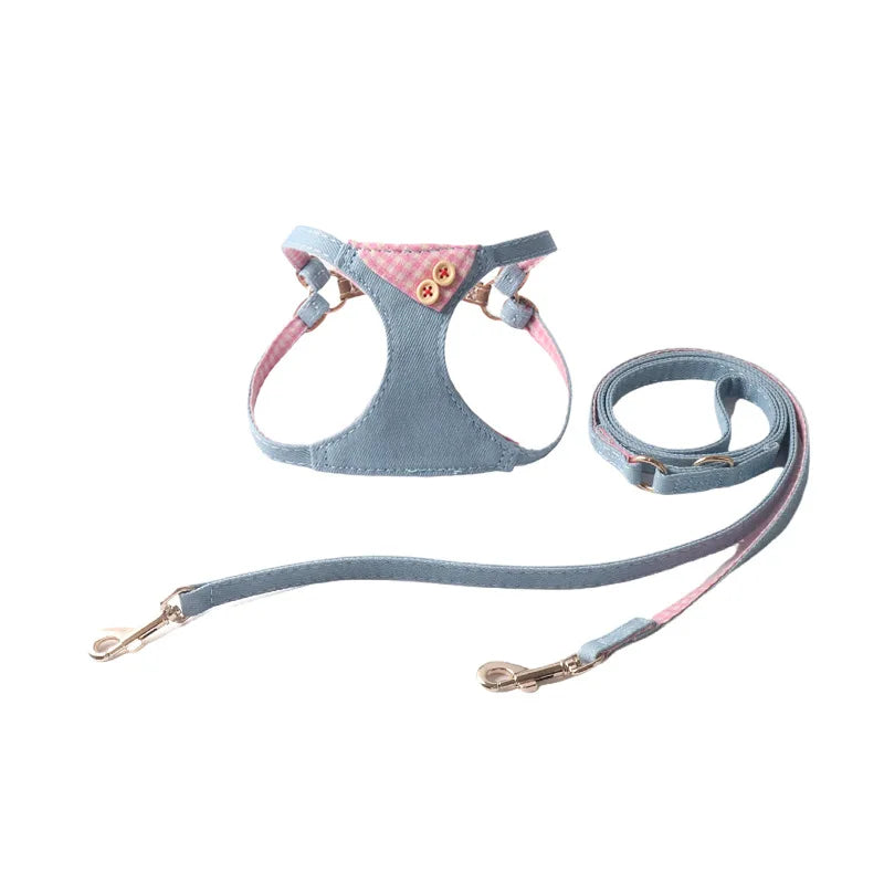 Pet Harness Bandana for Small Dog & Cat-Soft Adjustable Vest with Plaid Accents Pink S/M Size Spring/Summer Vintage Jean